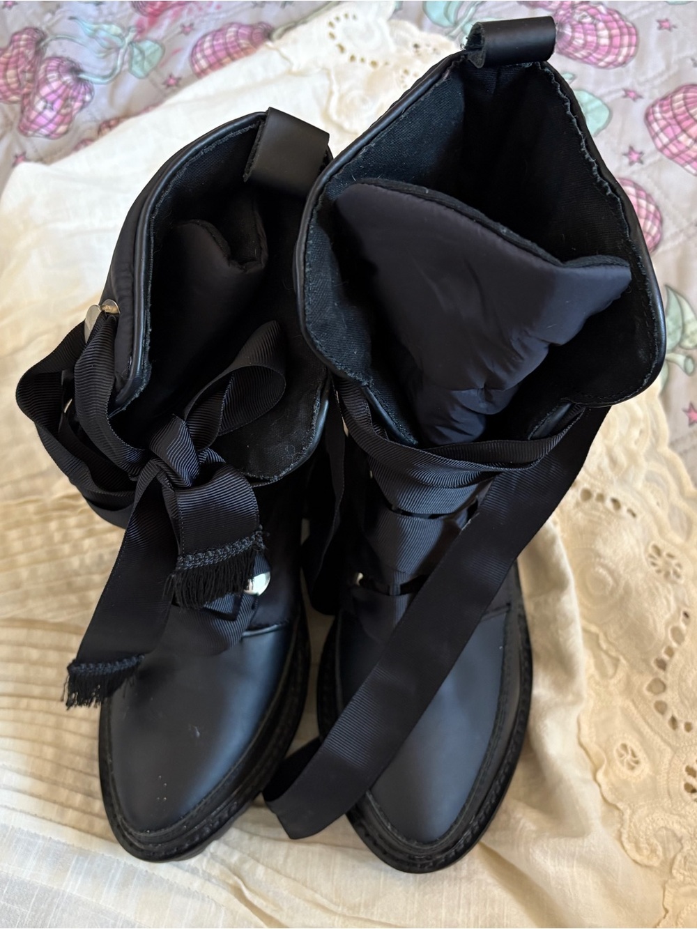 Kelsi Dagger Black Ribbon Lace-Up Combat Boots